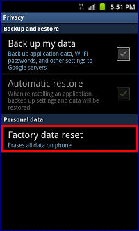 Privacy Settings, Factory Data Reset